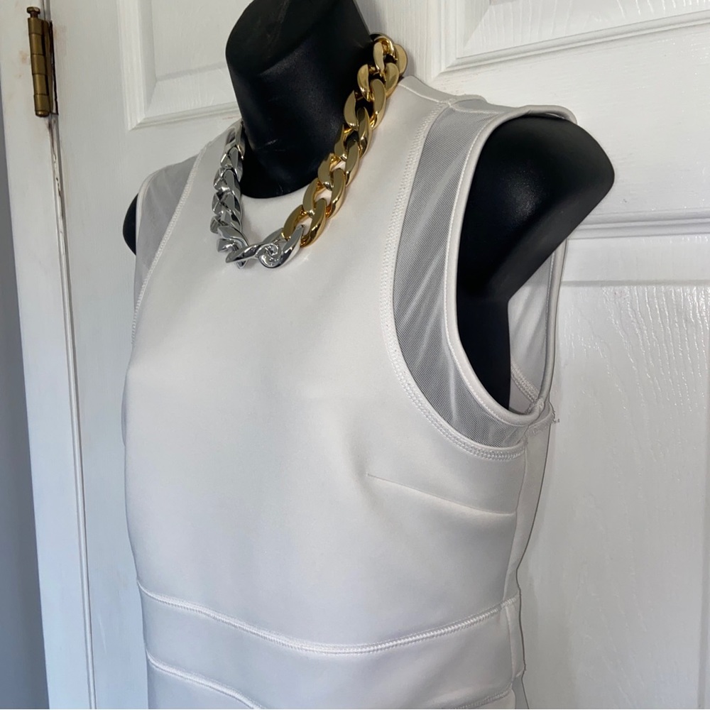 White scuba faux wrap dress with mesh inserts size 6